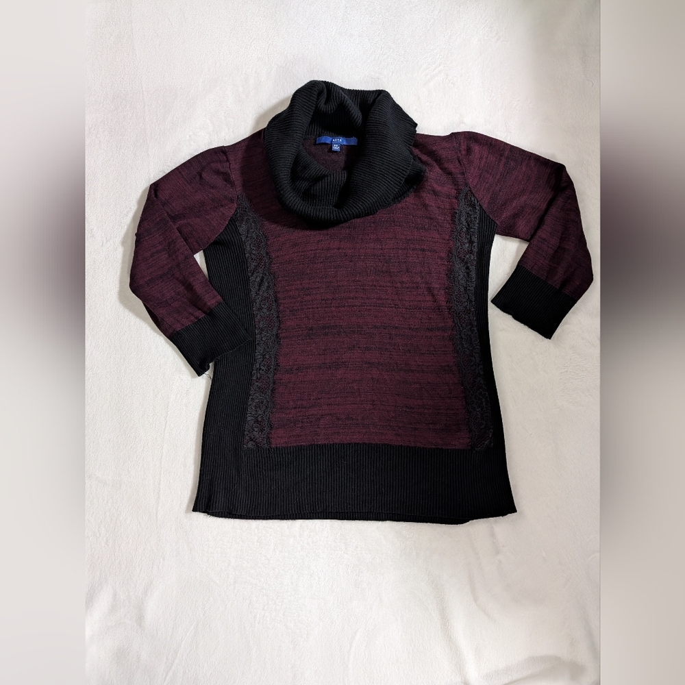 Apt 9 Sweater Lace Detail Cowl Neck Burgundy & Black Color Size Petite Medium